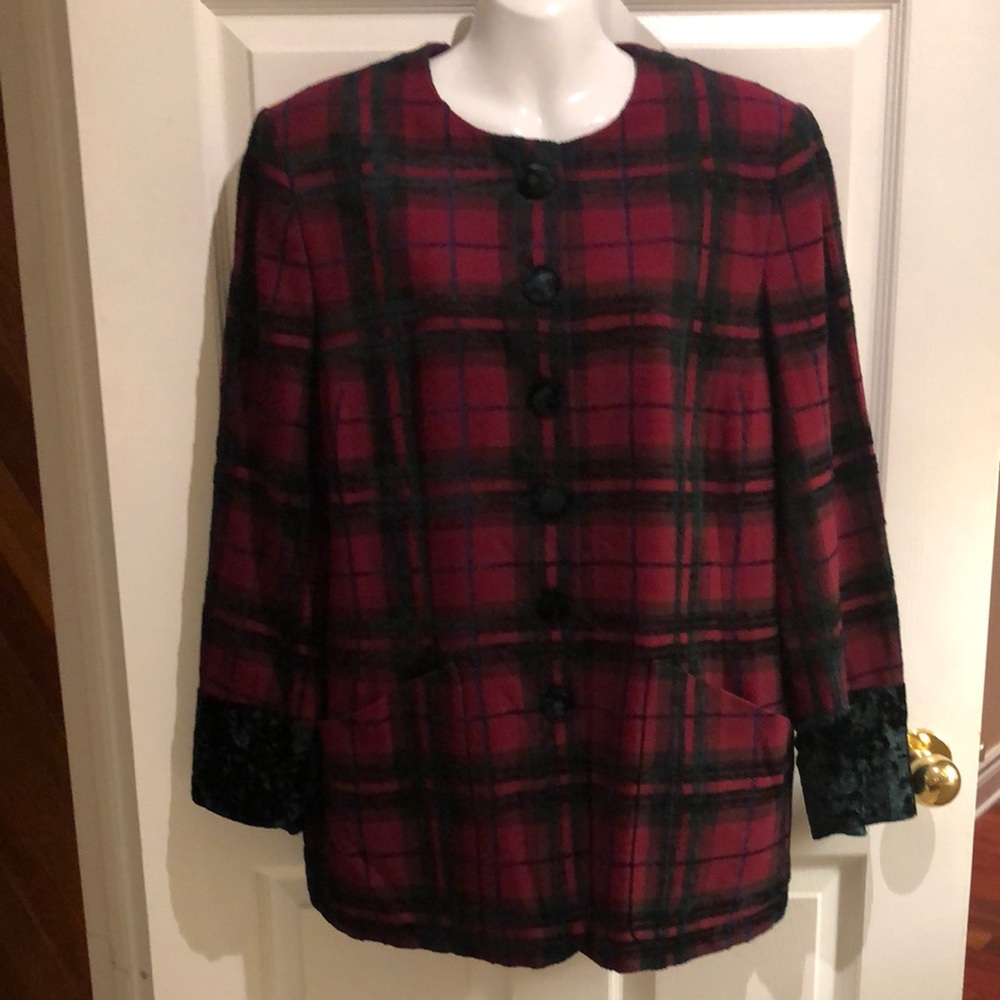 Akris Vintage Plaid Red and Black Button-Front Women's Blazer Jacket